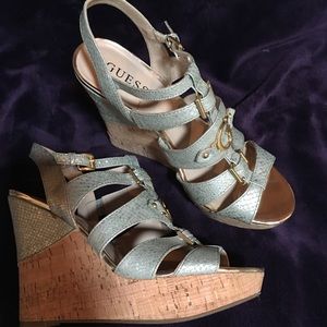 GUESS Cork Wedge Metallic Silver Sandals